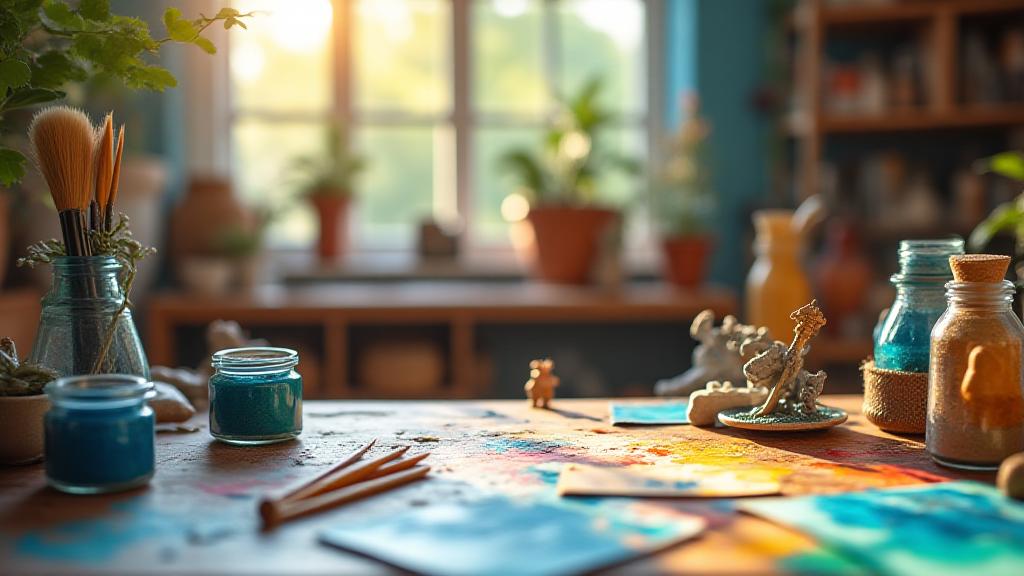 Taller creativo con materiales de artesanía, pinturas y miniaturas